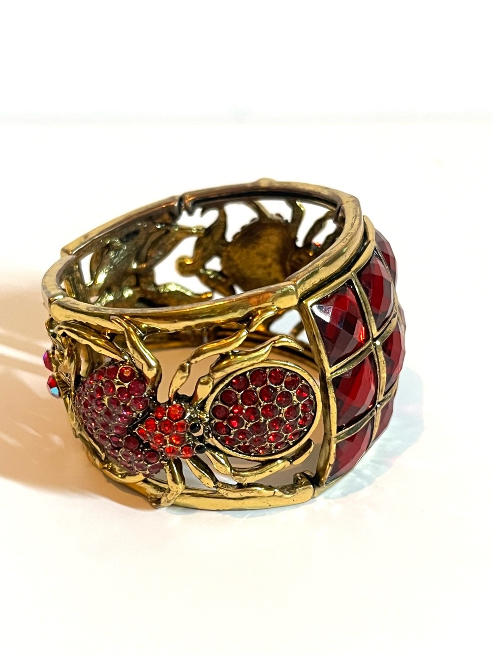 Rare Betsey Johnson Spider Web Gold-Tone Red Crystal Statement Cuff Bracelet